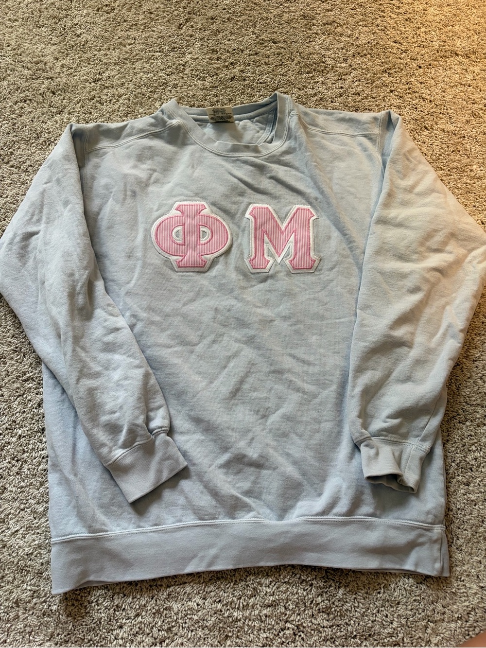 Comfort Colors Pale Blue Crewneck with Pink Greek Letters